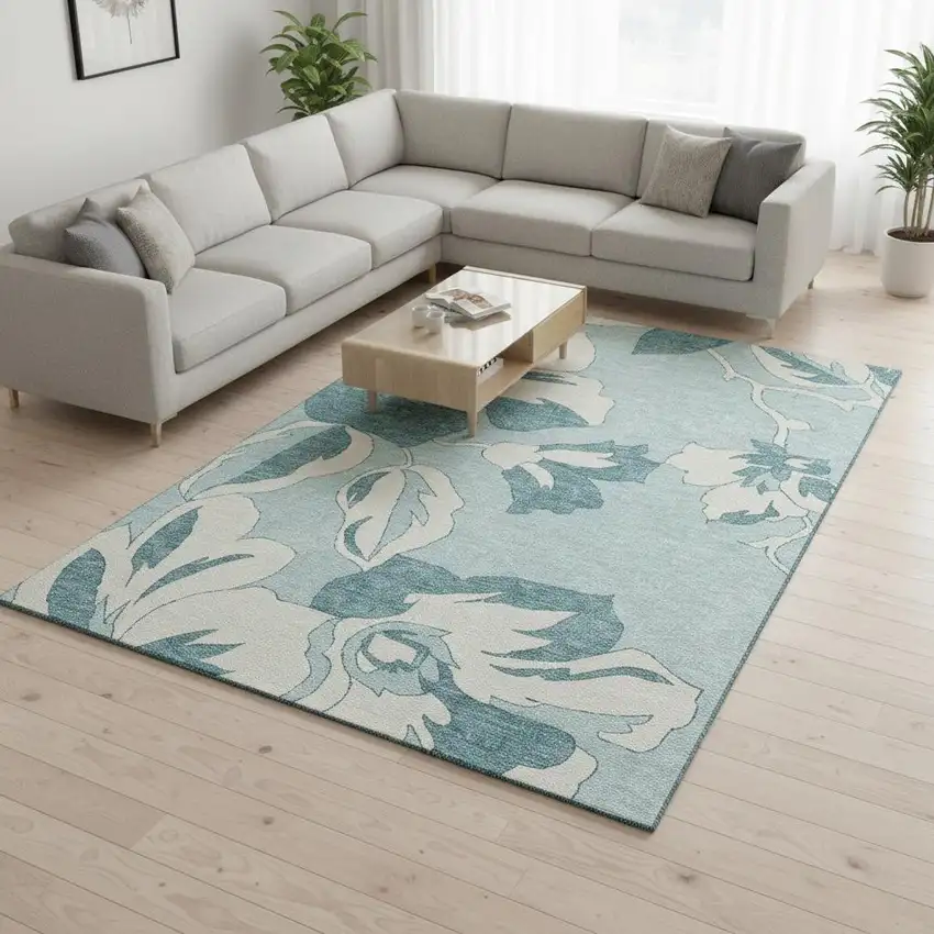 Teal And Ivory Floral Washable Area Rug With UV Protection Photo 2