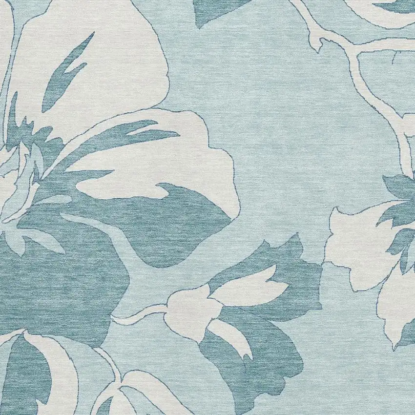 Teal And Ivory Floral Washable Area Rug With UV Protection Photo 3