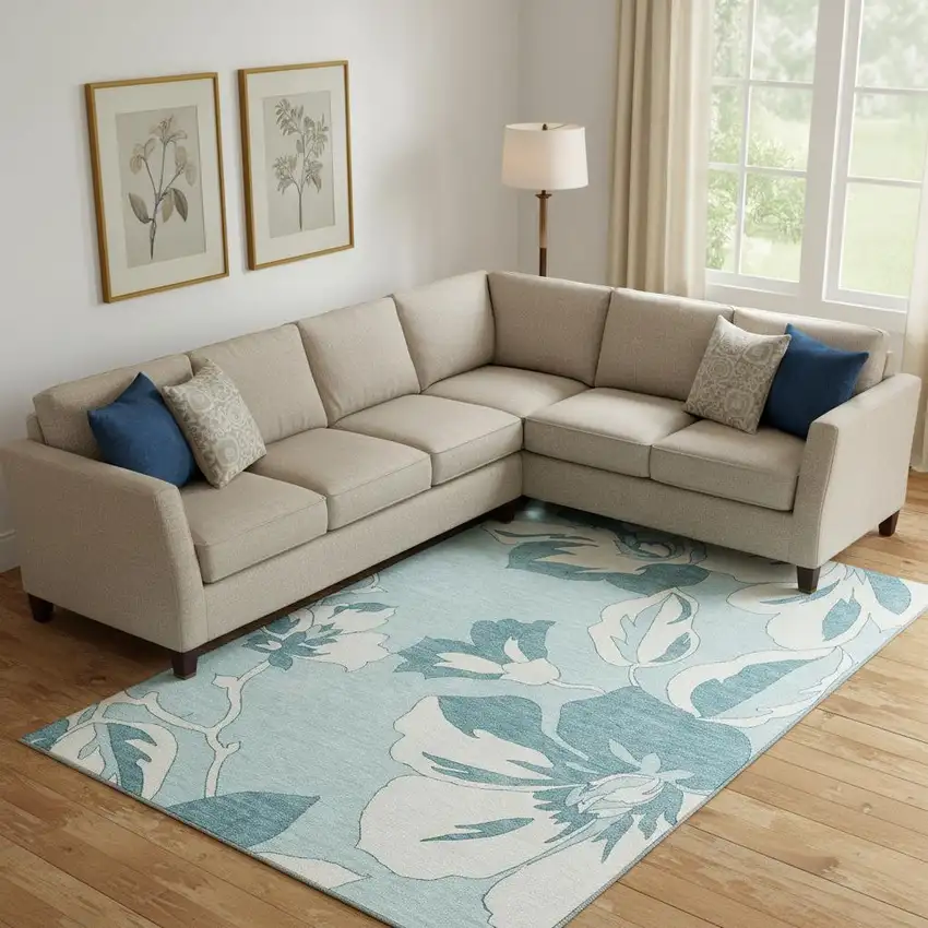 Teal And Ivory Floral Washable Area Rug With UV Protection Photo 1