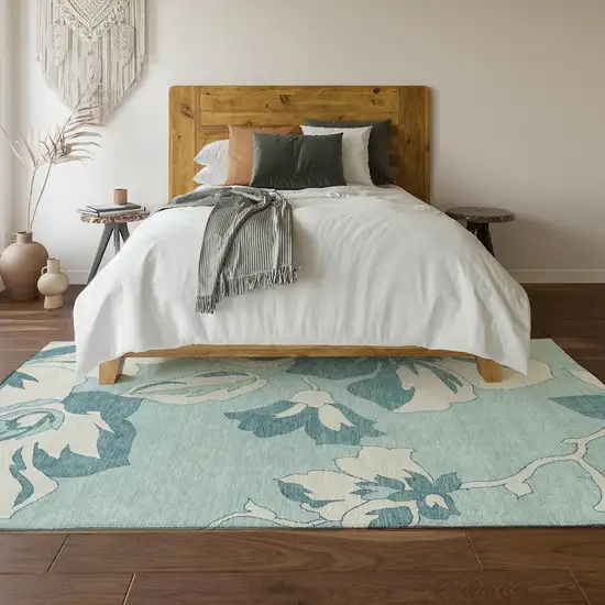 Teal And Ivory Floral Washable Area Rug With UV Protection Photo 6