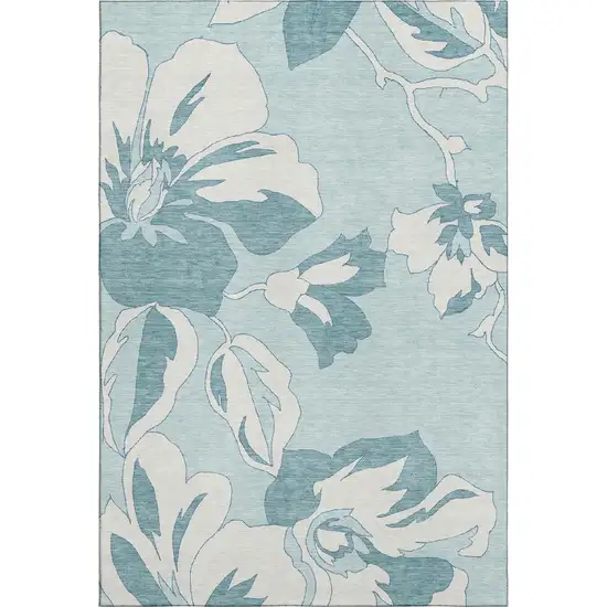 Teal And Ivory Floral Washable Area Rug With UV Protection Photo 1
