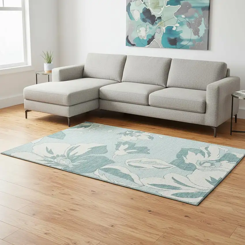 Teal And Ivory Floral Washable Area Rug With UV Protection Photo 2