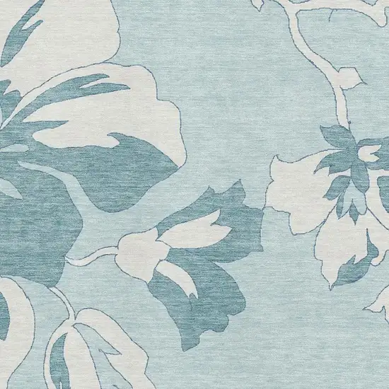 Teal And Ivory Floral Washable Area Rug With UV Protection Photo 3