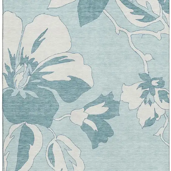 Teal And Ivory Floral Washable Area Rug With UV Protection Photo 4