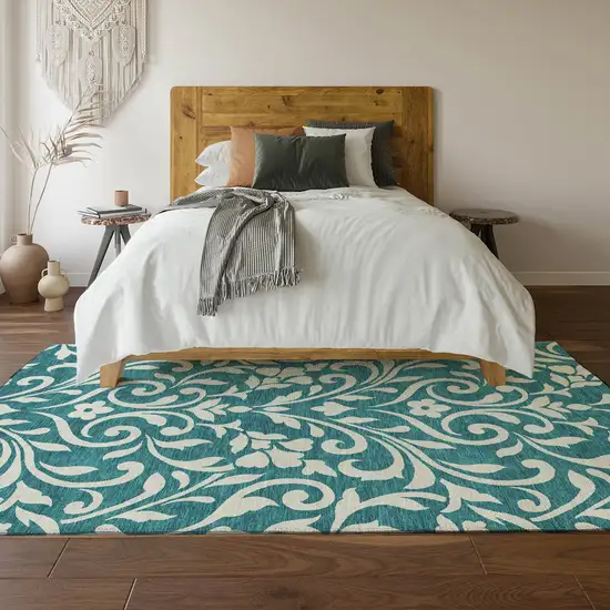 Teal And Ivory Floral Washable Area Rug With UV Protection Photo 5