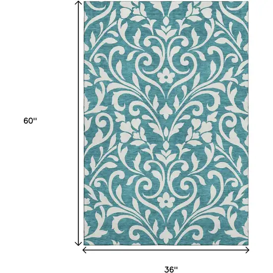 Teal And Ivory Floral Washable Area Rug With UV Protection Photo 3