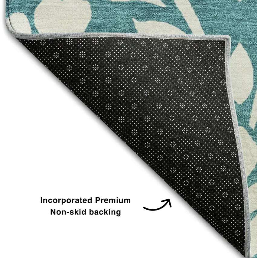 Teal And Ivory Floral Washable Area Rug With UV Protection Photo 6