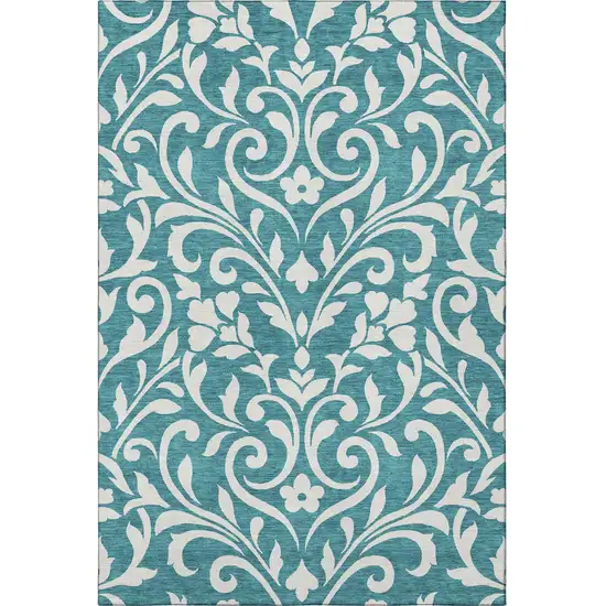 Teal And Ivory Floral Washable Area Rug With UV Protection Photo 3