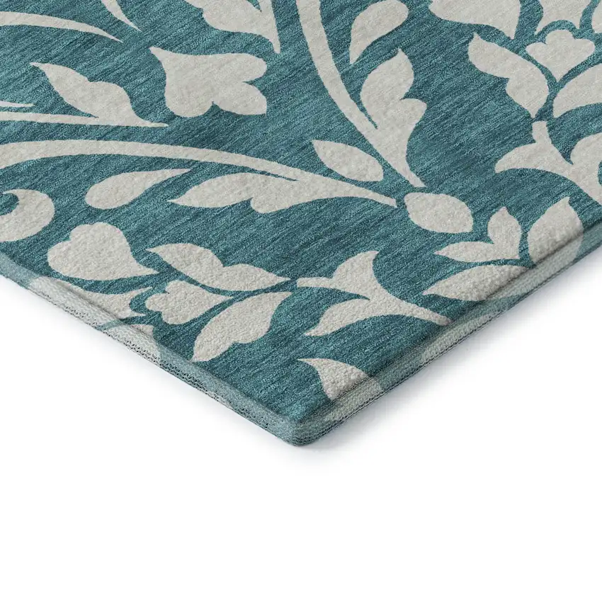 Teal And Ivory Floral Washable Area Rug With UV Protection Photo 7