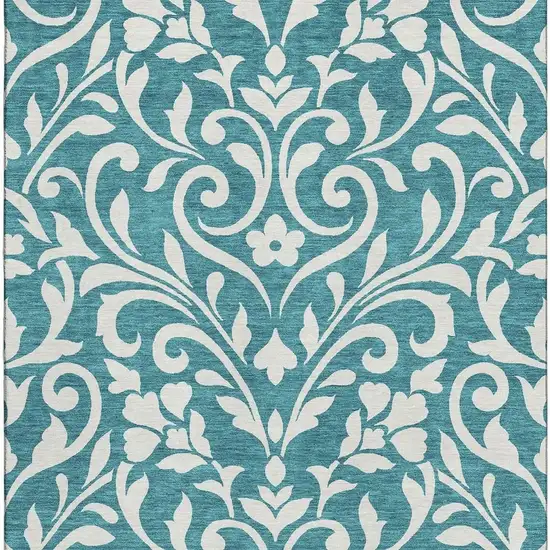 Teal And Ivory Floral Washable Area Rug With UV Protection Photo 4