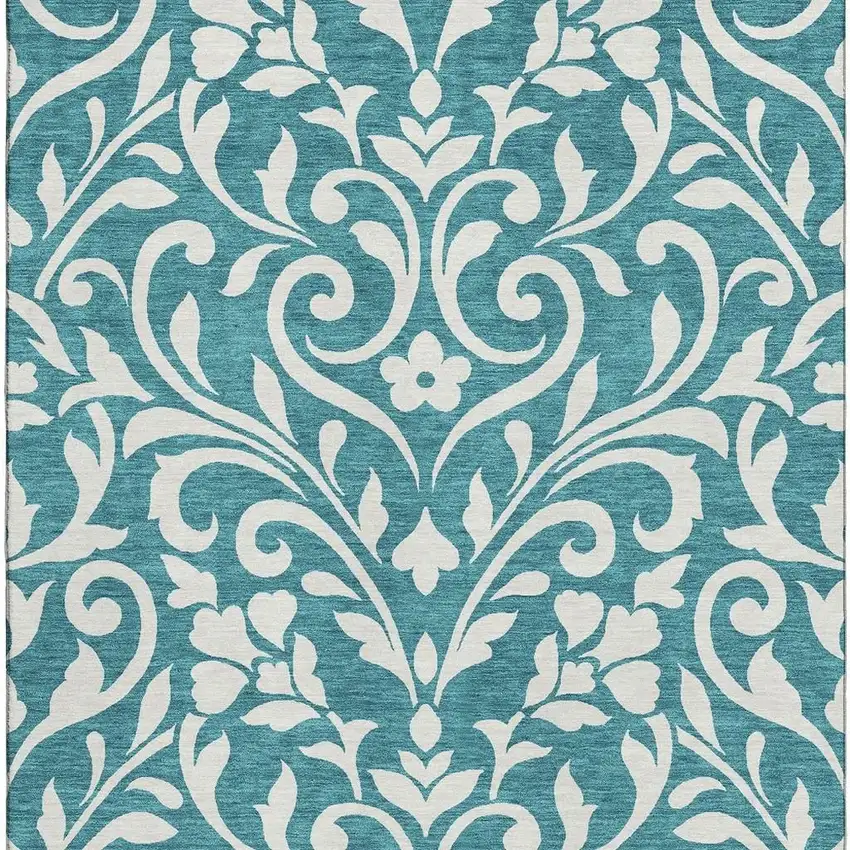 Teal And Ivory Floral Washable Area Rug With UV Protection Photo 4