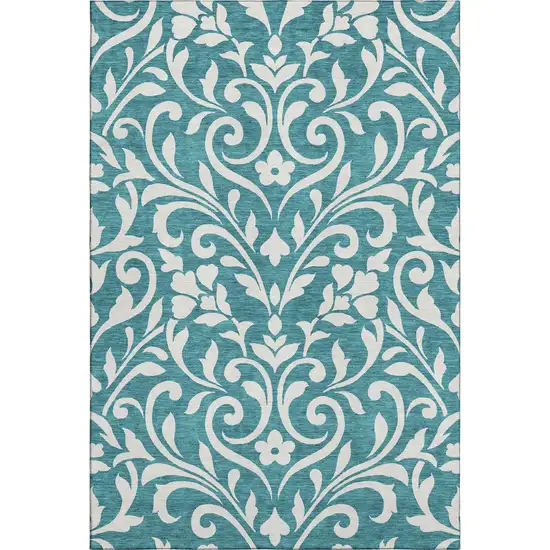 Teal And Ivory Floral Washable Area Rug With UV Protection Photo 1