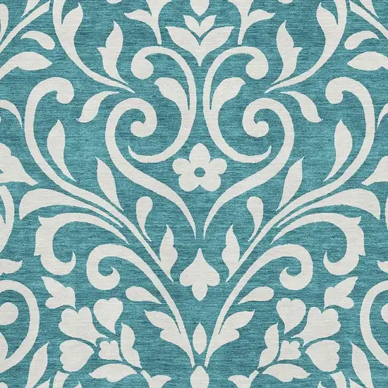 Teal And Ivory Floral Washable Area Rug With UV Protection Photo 3