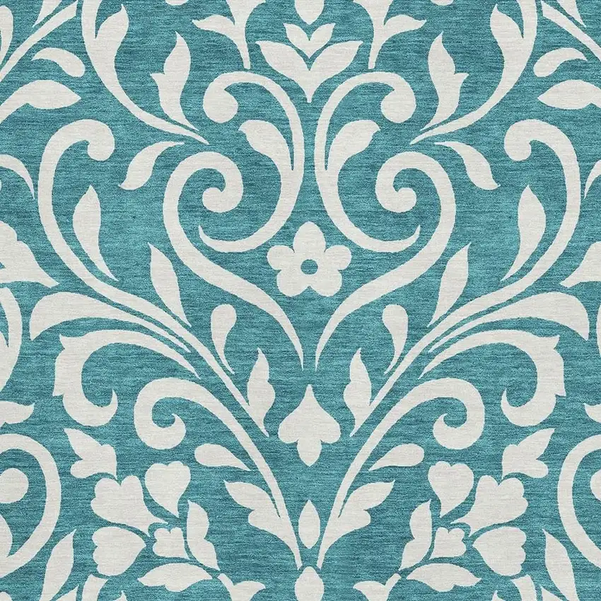 Teal And Ivory Floral Washable Area Rug With UV Protection Photo 3