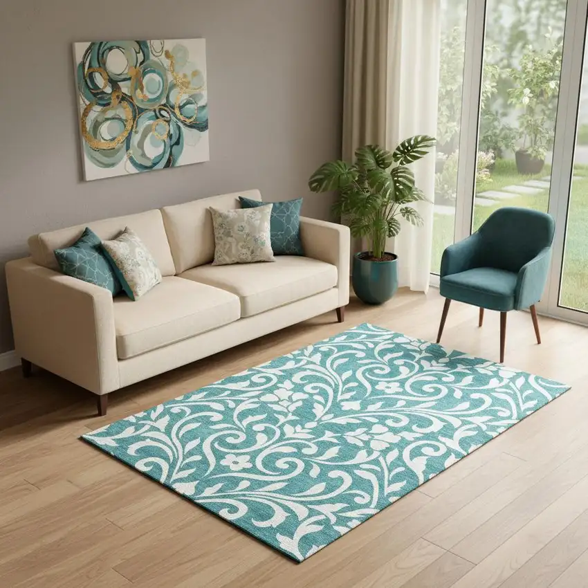 Teal And Ivory Floral Washable Area Rug With UV Protection Photo 1
