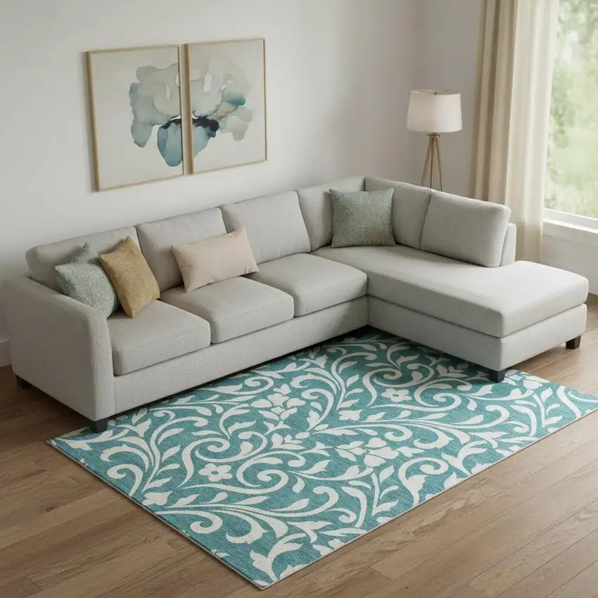 Teal And Ivory Floral Washable Area Rug With UV Protection Photo 1
