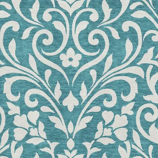 Teal And Ivory Floral Washable Area Rug With UV Protection Photo 3