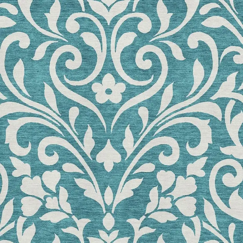 Teal And Ivory Floral Washable Area Rug With UV Protection Photo 3