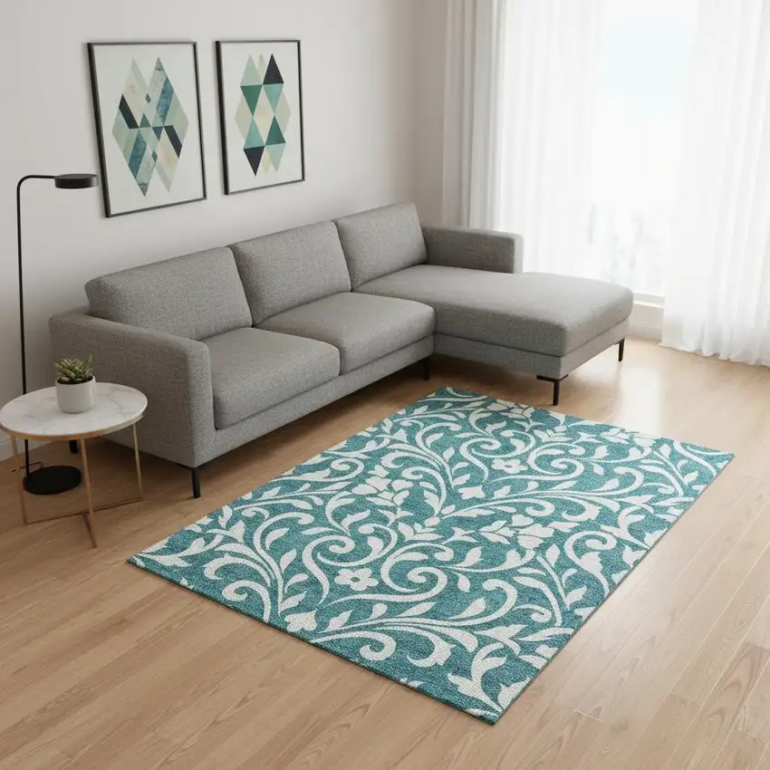 Teal And Ivory Floral Washable Area Rug With UV Protection Photo 2