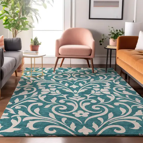 Teal And Ivory Floral Washable Area Rug With UV Protection Photo 5