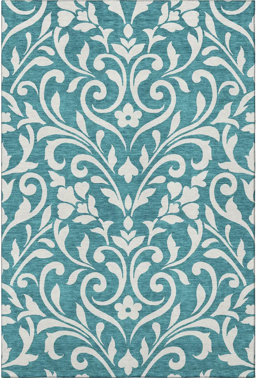 Teal And Ivory Floral Washable Area Rug With UV Protection Photo 4