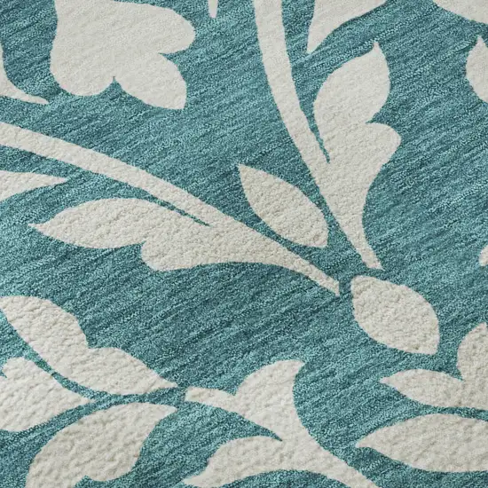 Teal And Ivory Floral Washable Area Rug With UV Protection Photo 8