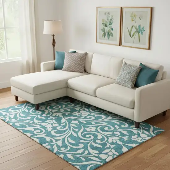 Teal And Ivory Floral Washable Area Rug With UV Protection Photo 1