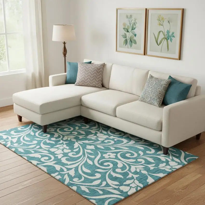 Teal And Ivory Floral Washable Area Rug With UV Protection Photo 1