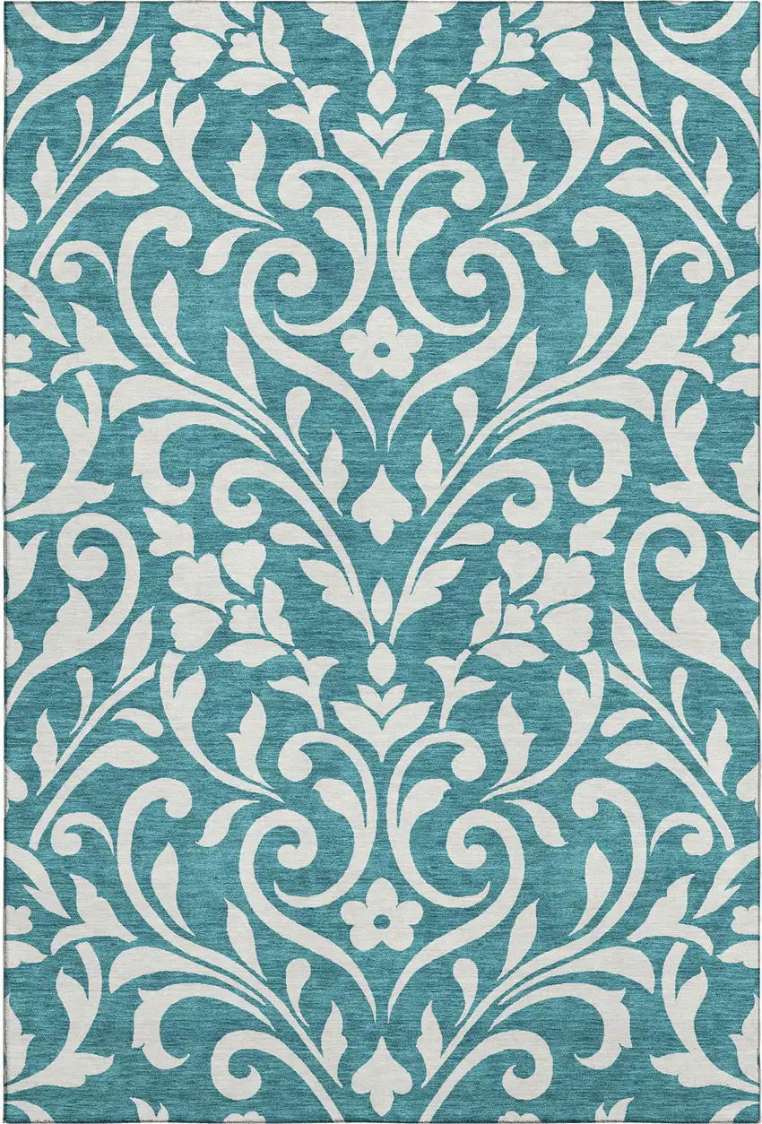 Teal And Ivory Floral Washable Area Rug With UV Protection Photo 1