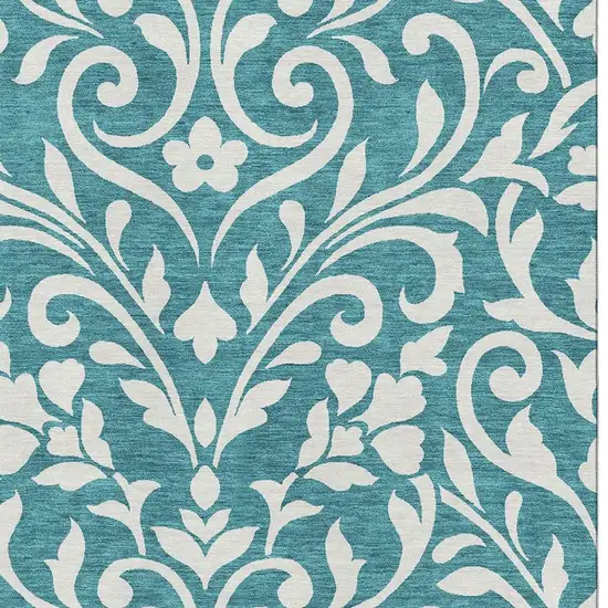Teal And Ivory Floral Washable Area Rug With UV Protection Photo 3
