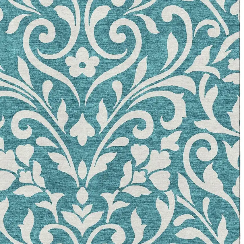 Teal And Ivory Floral Washable Area Rug With UV Protection Photo 3