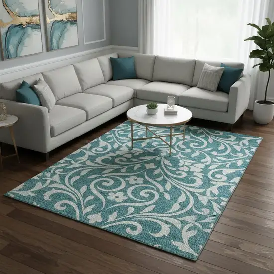 Teal And Ivory Floral Washable Area Rug With UV Protection Photo 2