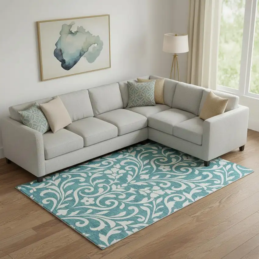 Teal And Ivory Floral Washable Area Rug With UV Protection Photo 1
