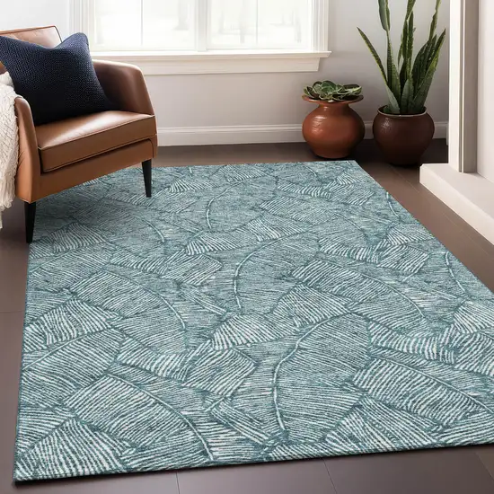 Teal And Ivory Floral Washable Area Rug With UV Protection Photo 5