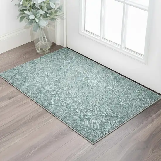 Teal And Ivory Floral Washable Area Rug With UV Protection Photo 2