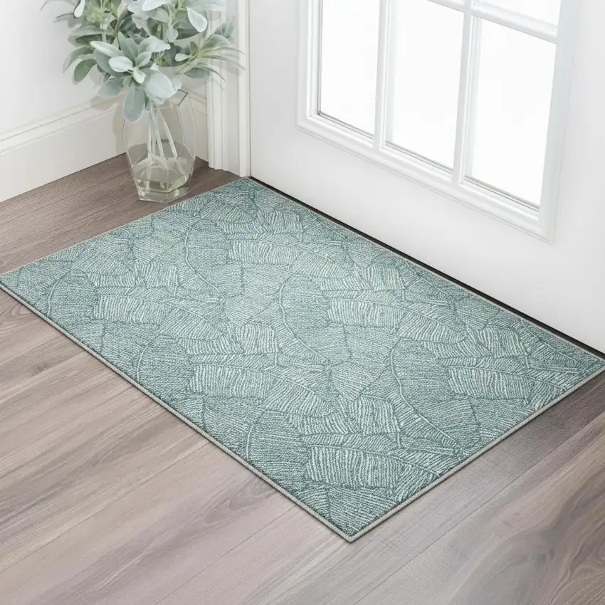 Teal And Ivory Floral Washable Area Rug With UV Protection Photo 2