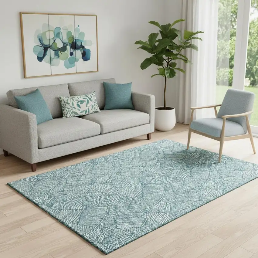 Teal And Ivory Floral Washable Area Rug With UV Protection Photo 1