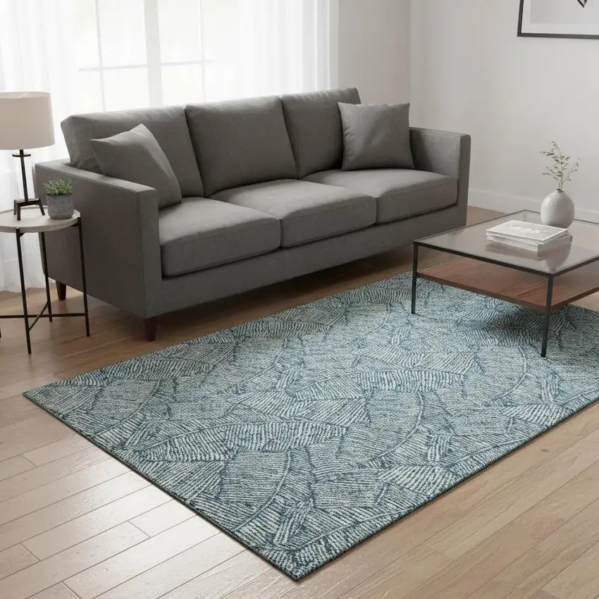 Teal And Ivory Floral Washable Area Rug With UV Protection Photo 2