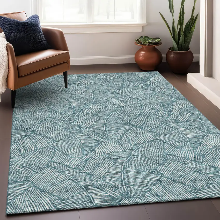 Teal And Ivory Floral Washable Area Rug With UV Protection Photo 4
