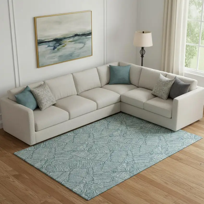 Teal And Ivory Floral Washable Area Rug With UV Protection Photo 1