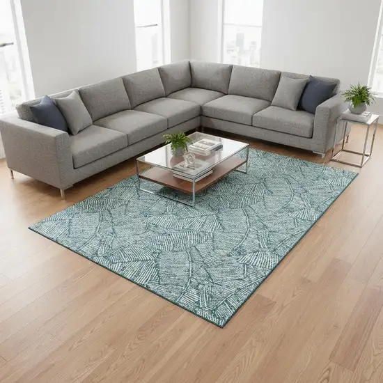 Teal And Ivory Floral Washable Area Rug With UV Protection Photo 2