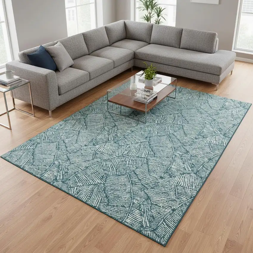 Teal And Ivory Floral Washable Area Rug With UV Protection Photo 2