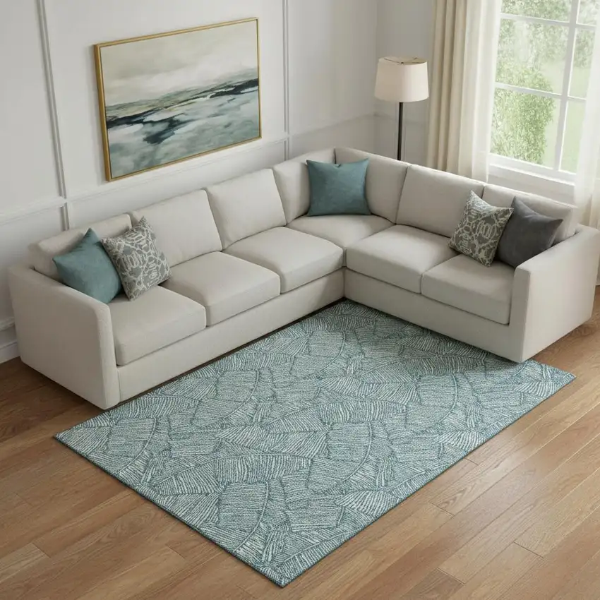 Teal And Ivory Floral Washable Area Rug With UV Protection Photo 1