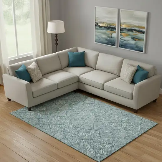 Teal And Ivory Floral Washable Area Rug With UV Protection Photo 1