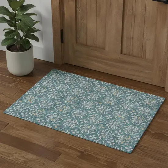 Teal And Ivory Floral Washable Area Rug With UV Protection Photo 1