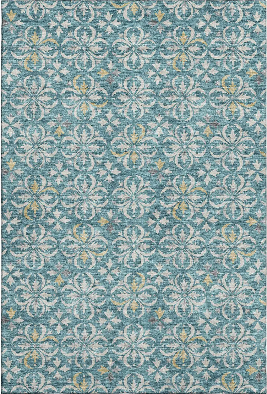 Teal And Ivory Floral Washable Area Rug With UV Protection Photo 1