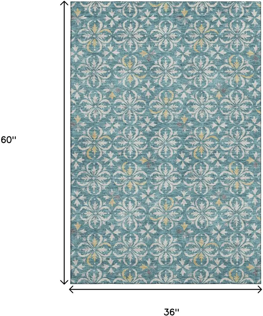 Teal And Ivory Floral Washable Area Rug With UV Protection Photo 3