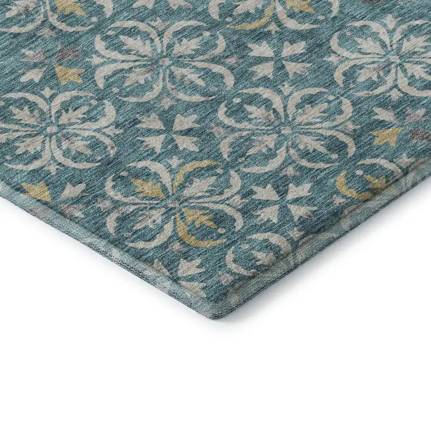 Teal And Ivory Floral Washable Area Rug With UV Protection Photo 7