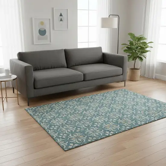 Teal And Ivory Floral Washable Area Rug With UV Protection Photo 2