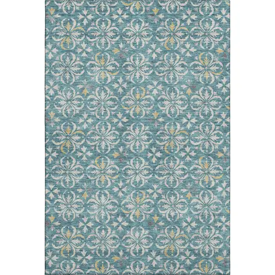 Teal And Ivory Floral Washable Area Rug With UV Protection Photo 1